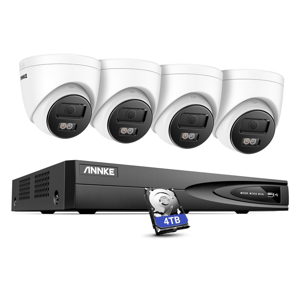 ANNKE 4K NVR Security Camera System, 8CH 12MP NVR, 4 x 8MP UHD PoE Surveillance IP Turret Camera with Smart Dual Light, Human&Vehicle Detection, Color Night Vision, IP67 Waterproof, 4TB HDD Included