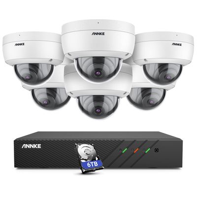 ANNKE H500 5MP PoE Home Security Camera System, 6MP H.265+ NVR for 24/7 Recording, 6pcs IP Dome Camera with Audio, Color Night Vision, Remote Access, Plug&Play, IP67 Weatherproof, 6TB HDD