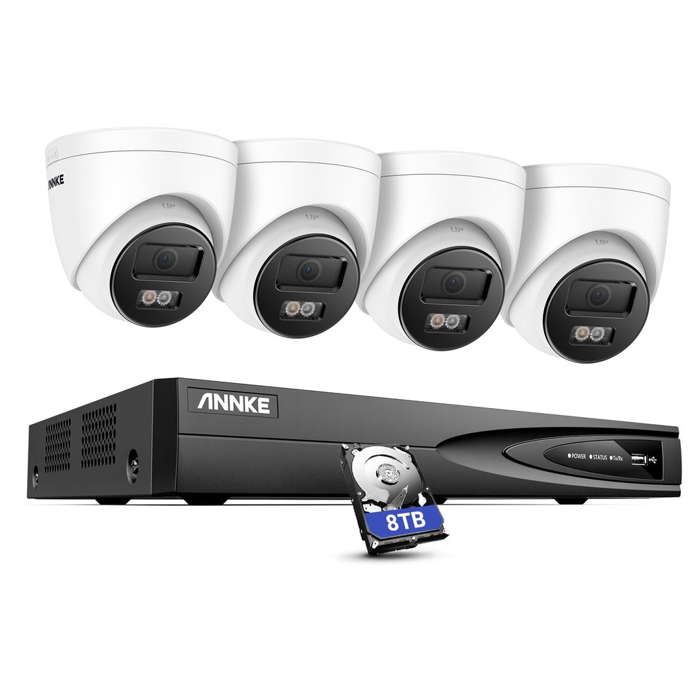 ANNKE 4K NVR Security Camera System, 8CH 12MP NVR, 4 x 8MP UHD PoE Surveillance IP Turret Camera with Smart Dual Light, Human&Vehicle Detection, Color Night Vision, IP67 Waterproof, 8TB HDD Included