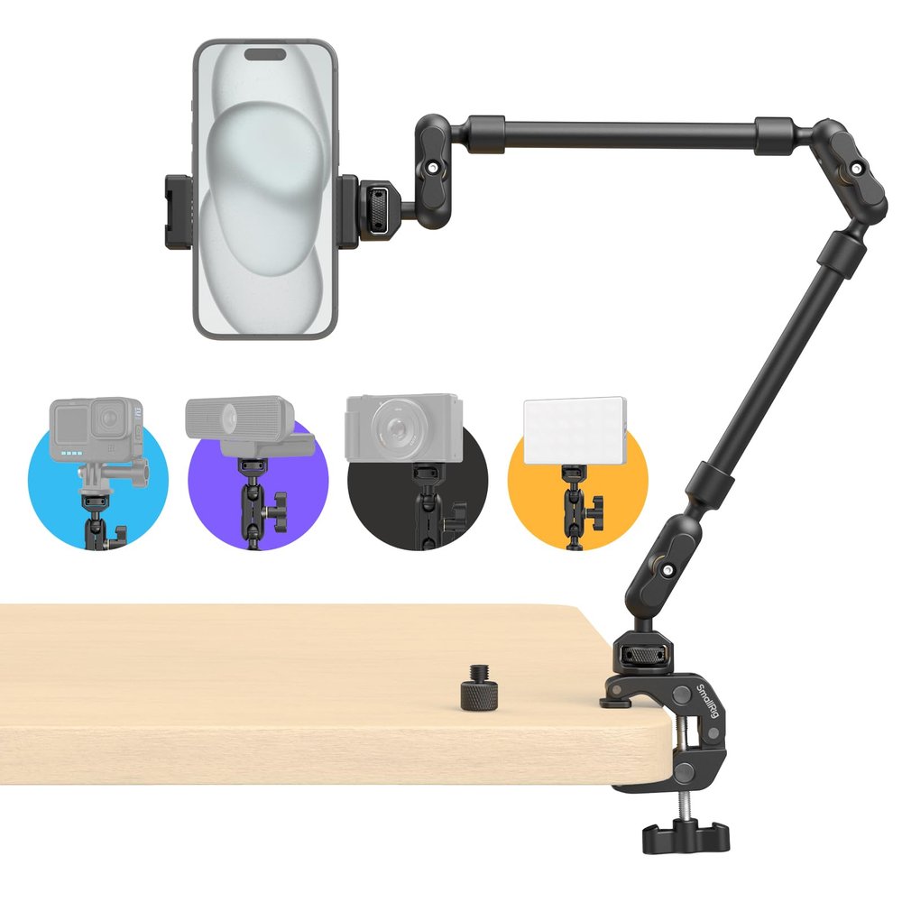 SMALLRIG 22" Magic Arm Clamp, Overhead Phone Mount Holder Stand, Flexible Desk Camera Mount, Articulating Friction Boom Arm, for POV Shot, Filming, Light, Webcam, Action Camera