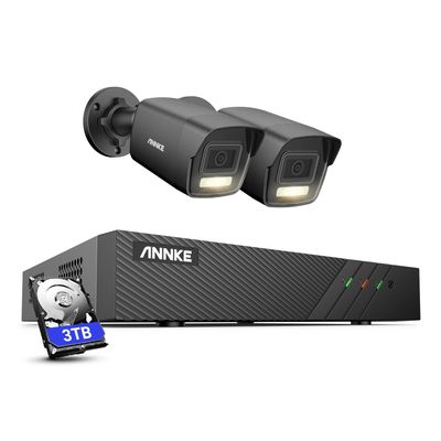 ANNKE 3K Outdoor Security Camera System, 2pcs PoE Home Security Cameras with AI Person Vehicle Detection, 8CH NVR with 3TB HDD for 24/7 Audio Recording, Wide Angle View, Color Night Vision-AH500