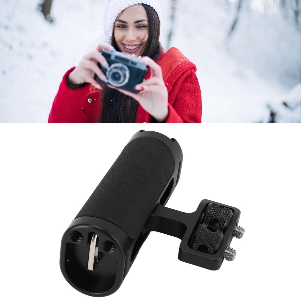 Universal Aluminum Alloy Camera Cage Handle Grip with Cold Shoe Mount, Adjustable Left Right Handgrip for Photography, 1/4 Screw, Black