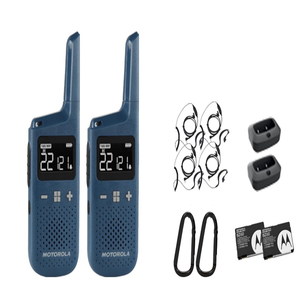 Motorola Solutions Portable FRS Talkabout T383 Two Way Radios 2-Pack Walkie Talkies Blue 22 Channels 4 PTT Earpieces Rechargeable License Free