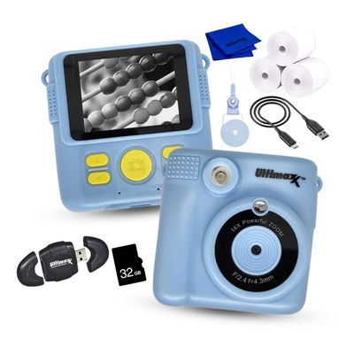 Ultimaxx Essential Instant Print Camera with 4 Games & 16X Zoom for Kids Toddler Girls Gift Bundle - Includes: 32GB SD Card, High-Speed Reader, Lanyard, Microfiber Cloth & More (9pc Bundle) (Blue)