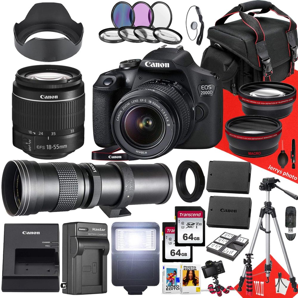 Canon EOS 2000D / Rebel T7 DSLR Camera with Canon EF-S 18-55mm F/3.5-5.6 DC III Zoom and 420-800mm f/8.3 HD Telephoto Zoom Lens + 128 GB Memory + Filters + Tripod + More (33pc Bundle) (Renewed)