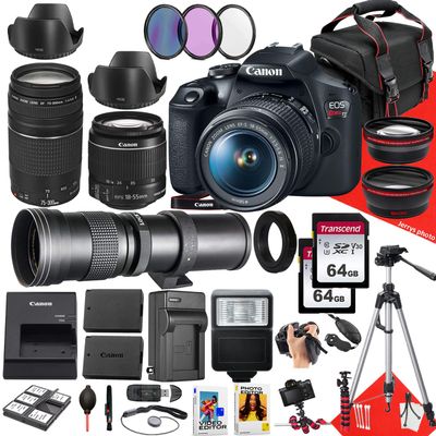 Canon EOS Rebel T7 DSLR Camera with Canon EF-S 18-55mm f/3.5-5.6 is II Lens, EF 75-300mm f/4-5.6 III and 420-800mm f/8.3 HD Lens + 128 GB Memory + Filters + More (36pc Bundle) (Renewed), Black