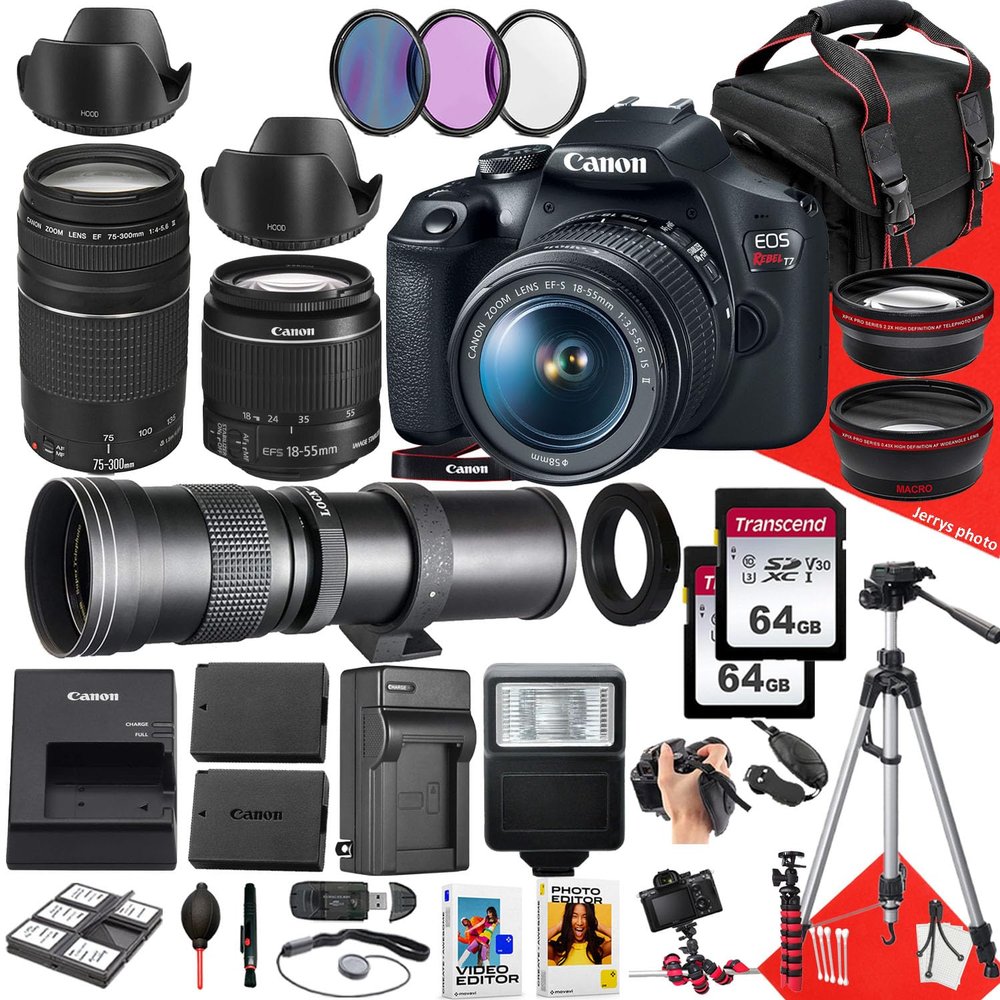 Canon EOS Rebel T7 DSLR Camera with Canon EF-S 18-55mm f/3.5-5.6 is II Lens, EF 75-300mm f/4-5.6 III and 420-800mm f/8.3 HD Lens + 128 GB Memory + Filters + More (36pc Bundle) (Renewed), Black