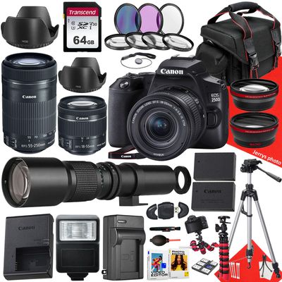 Canon EOS 250D / Rebel SL3 DSLR Camera with EF-S 18-55mm f/4-5.6 is STM, EF-S 55-250mm f/4-5.6 is STM and 500mm f/8.0 Preset Telephoto Lens + 64 GB Memory + Filters + More (40pc Bundle) (Renewed)