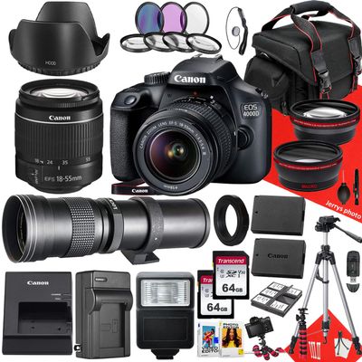 Canon EOS 4000D / Rebel T100 DSLR Camera with Canon EF-S 18-55mm F/3.5-5.6 DC III Zoom and 420-800mm f/8.3 HD Telephoto Zoom Lens + 128 GB Memory + Filters + Tripod + More (31pc Bundle) (Renewed)