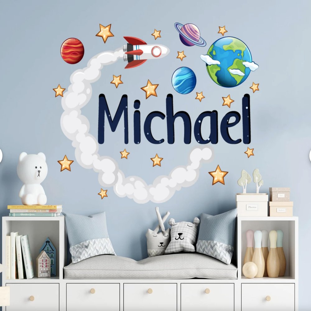 Personalized Space Name Wall Decal - Kids Room - Solar System Planets Wall Stickers - Rocket and Stars Art Mural Vinyl Stickers