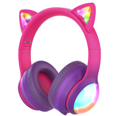 FosPower Kids Bluetooth 5.2 Headphones with LED Cat Ears (85/94dB Safe Volume Limit) Foldable Wireless or Wired Headset with 100hr Play Time and 3.5mm Cable for School/Travel - Hot Pink/Purple