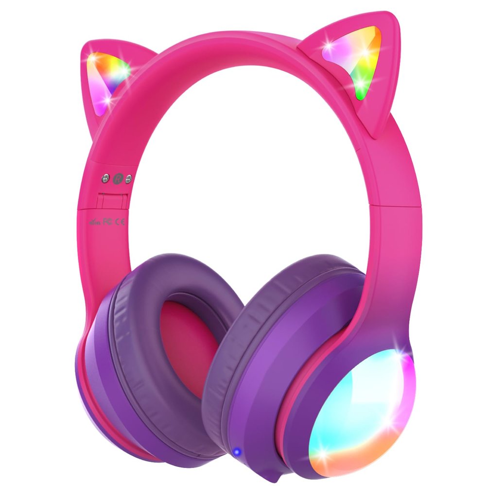 FosPower Kids Bluetooth 5.2 Headphones with LED Cat Ears (85/94dB Safe Volume Limit) Foldable Wireless or Wired Headset with 100hr Play Time and 3.5mm Cable for School/Travel - Hot Pink/Purple