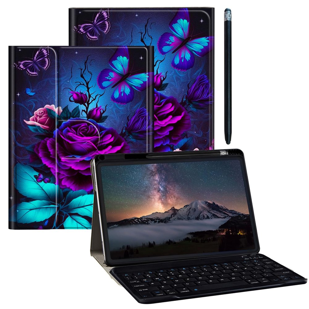 BPQOJB Galaxy Tab S9 Plus Case for Samsung Tab S9 Fe Plus Case 12.4 inch with Detachable Wireless Keyboard & 360 Degree Rotating Stand Protect Tablet Cover - Purple Rose and Blue Butterfly