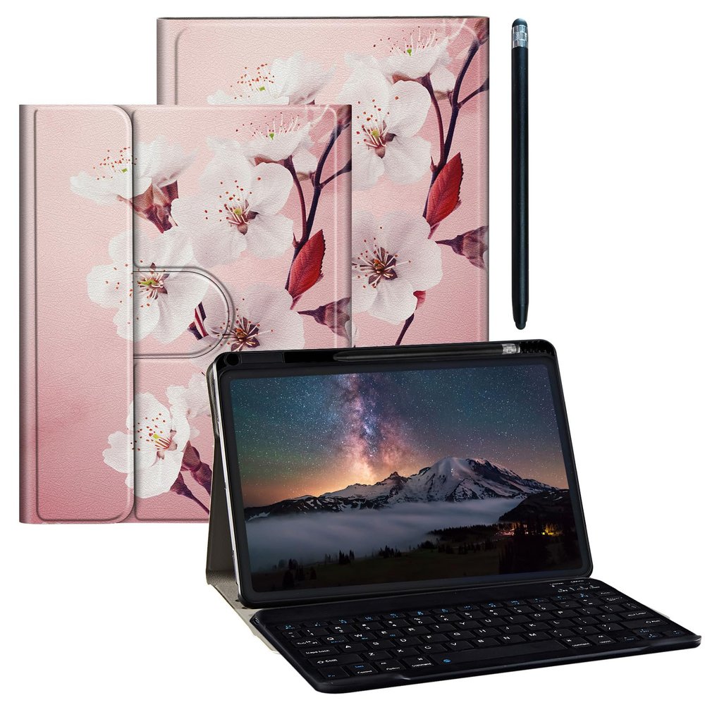 BPQOJB for iPad 10th Generation Case with Detachable Wireless Keyboard & 360 Degree Rotating Stand Protect Cover Acrylic Tablet Case for iPad 10 Gen 10.9 inch 2022 - White Flower