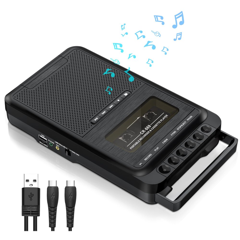 Gracioso Cassette Player Converter, Portable Cassette to MP3 Music via U Disk/SD Card or PC, Record to Cassettes/USB/SD Card via Mic,Cassette Tape Player with Headphone Jack,Retractable Handle