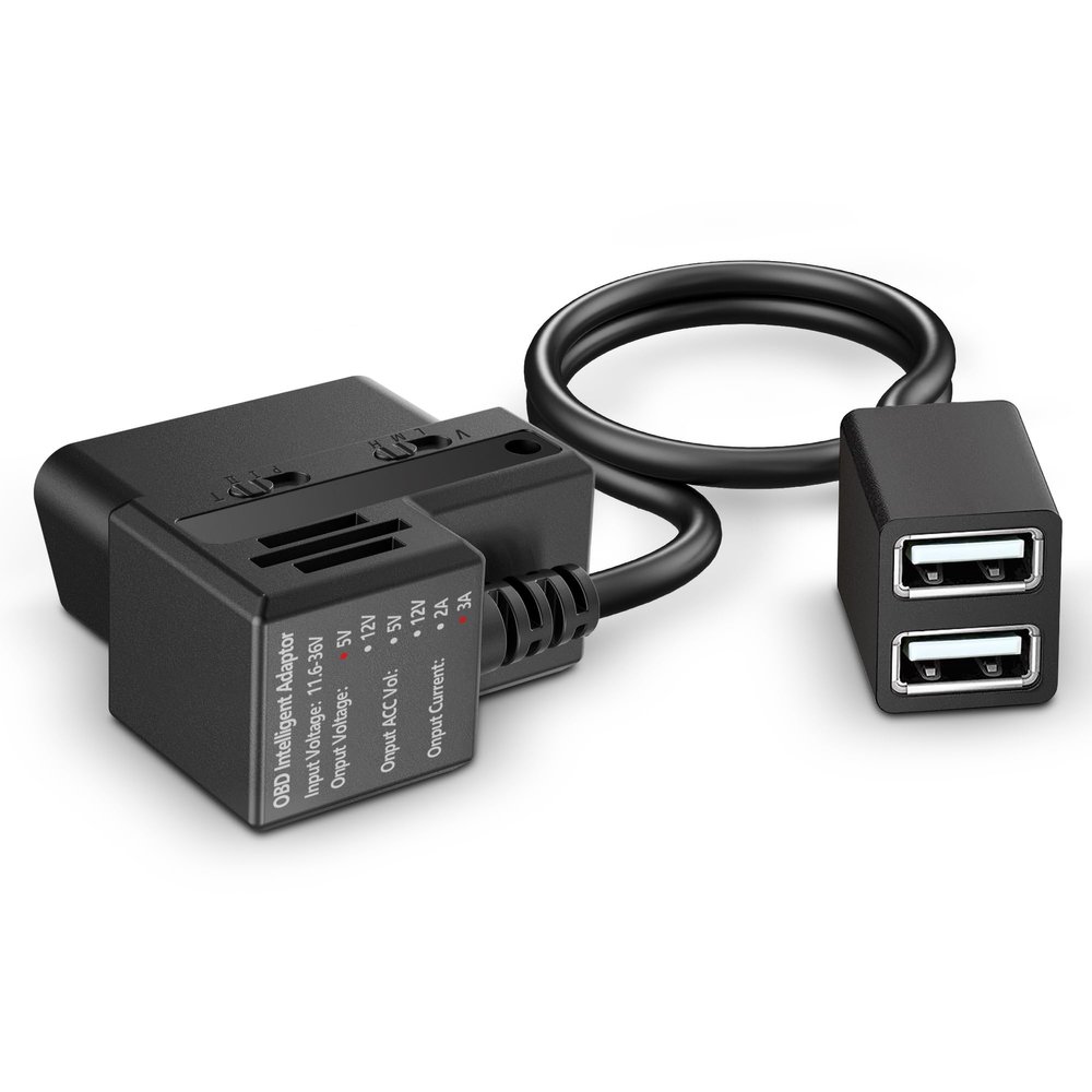 OBD Constant Power Cable for Dash Camera,Compatible with Garmin Dash Cam,OBDII Adapter Cable with Dual USB Interfaces,24 Hours Surveillance/Acc Mode with Low Voltage Protection 11.6-36V to 5V 3A