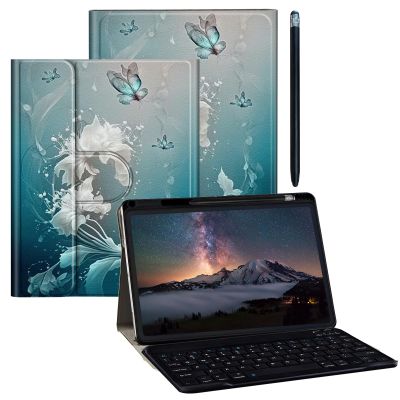 BPQOJB Galaxy Tab S9 Fe 5G Case 10.9 inch Galaxy Tab S9 Case 11 inch with Detachable Wireless Keyboard & 360 Degree Rotating Stand Protect Cover Acrylic Tablet Cover - Blue Art Butterflies