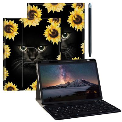 BPQOJB Galaxy Tab S9 Plus Case for Samsung Tab S9 Fe Plus Case 12.4 inch with Detachable Wireless Keyboard & 360 Degree Rotating Stand Protect Cover Acrylic Tablet Cover - Sunflower and Black Cat