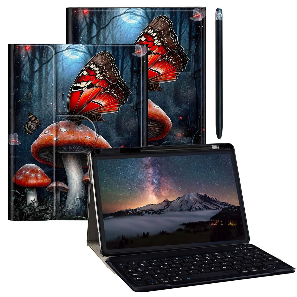 BPQOJB for iPad 10th Generation Case with Detachable Wireless Keyboard & 360 Degree Rotating Stand Protect Cover Acrylic Tablet Case for iPad 10 Gen 10.9 inch 2022 - Red Mushrooms and Butterflies