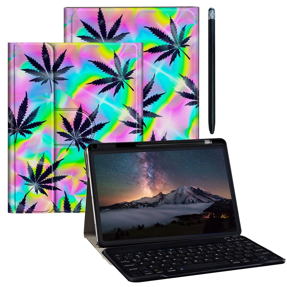 BPQOJB Galaxy Tab S9 Fe 5G Case 10.9 inch Galaxy Tab S9 Case 11 inch with Detachable Wireless Keyboard & 360 Degree Rotating Stand Protect Cover Acrylic Tablet Cover - Colorful Black Leaf