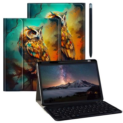 BPQOJB Galaxy Tab S9 Plus Case for Samsung Tab S9 Fe Plus Case 12.4 inch with Detachable Wireless Keyboard & 360 Degree Rotating Stand Protect Cover Acrylic Tablet Cover - Colorful Owl in Tree