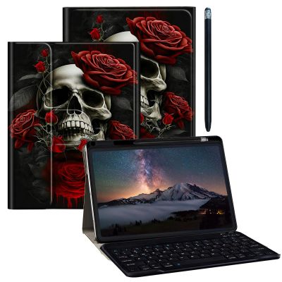 BPQOJB Galaxy Tab S9 Fe 5G Case 10.9 inch Galaxy Tab S9 Case 11 inch with Detachable Wireless Keyboard & 360 Degree Rotating Stand Protect Cover Acrylic Tablet Cover - Red Rose Skull