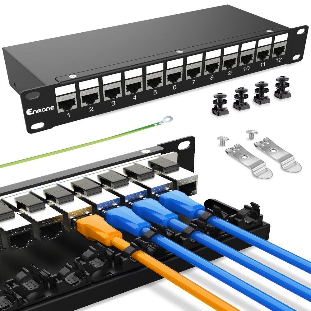 Enmane 12 Port Patch Panel CAT6a Keystone Patch Panel 1U 10 Inch Rackmount