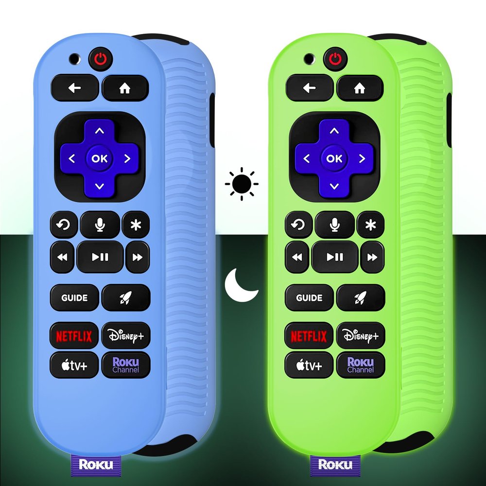 [2 Pack]WADVCU for Roku Voice Remote Pro 2nd Ed./Edition Silicone Remote Case Cover Glow in The Dark,Roku TV Remote Protective Sleeve for Roku RCB1R(2024) Controller with Lanyard|Anti Slip(Blue+Green)