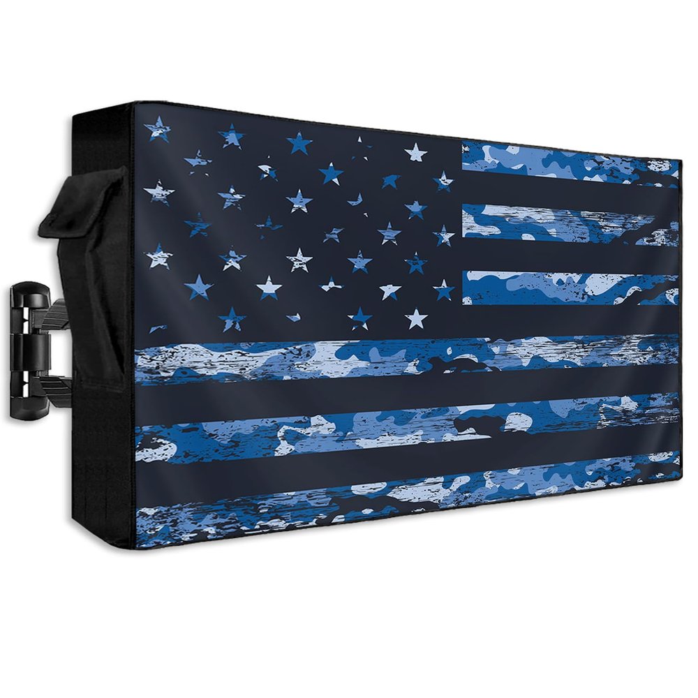 Outdoor TV Cover 40 to 43 Inch Weatherproof, American Flag 600D Oxford Waterproof TV Covers with Zipper, Blue Camouflage US Flag Black Stripes Outside Flat TV Screen Protector Size 40"W x 25"H x 4.5"D