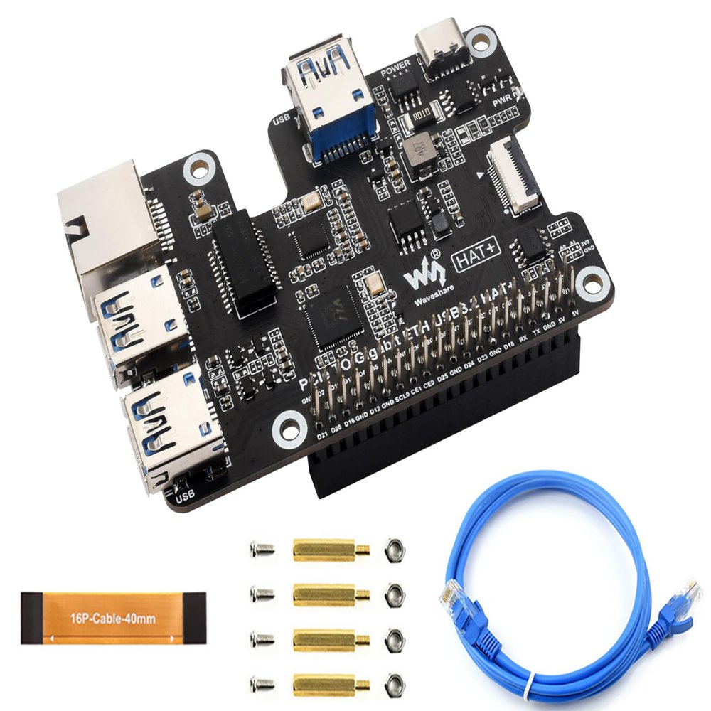 PCIe to Gigabit Ethernet and USB 3.2 Gen1 HAT for Raspberry Pi 5, Extend PCIe Interface to 3X High Speed USB 3.2 Gen1 Ports and 1x Gigabit Ethernet Port, Driver-Free, Plug and Play