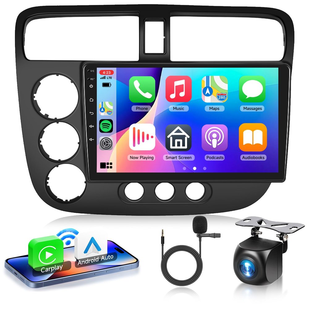 2G+64G Android 13 Car Stereo for Honda Civic 2001-2005 with Wireless Carplay Android Auto, 9 Inch Touch Screen Radio Support GPS, WiFi, Bluetooth, FM, SWC, Backup Camera