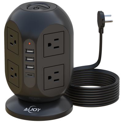 AiJoy Surge Protector Power Strip Tower with 8 Outlets 4 USB Ports(1 USB-C), 10 FT Flat Extension Cord with Multiple Outlets, Charging Tower with Surge Protection for Home Office Dorm Room Essentials