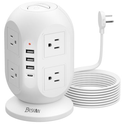Tower Surge Protector Power Strip 10 ft with 8 Outlets 4 USB Ports(1 USB C), Flat Plug Extension Cord with Multiple Outlets Charging Station for Home Office Dorm, White