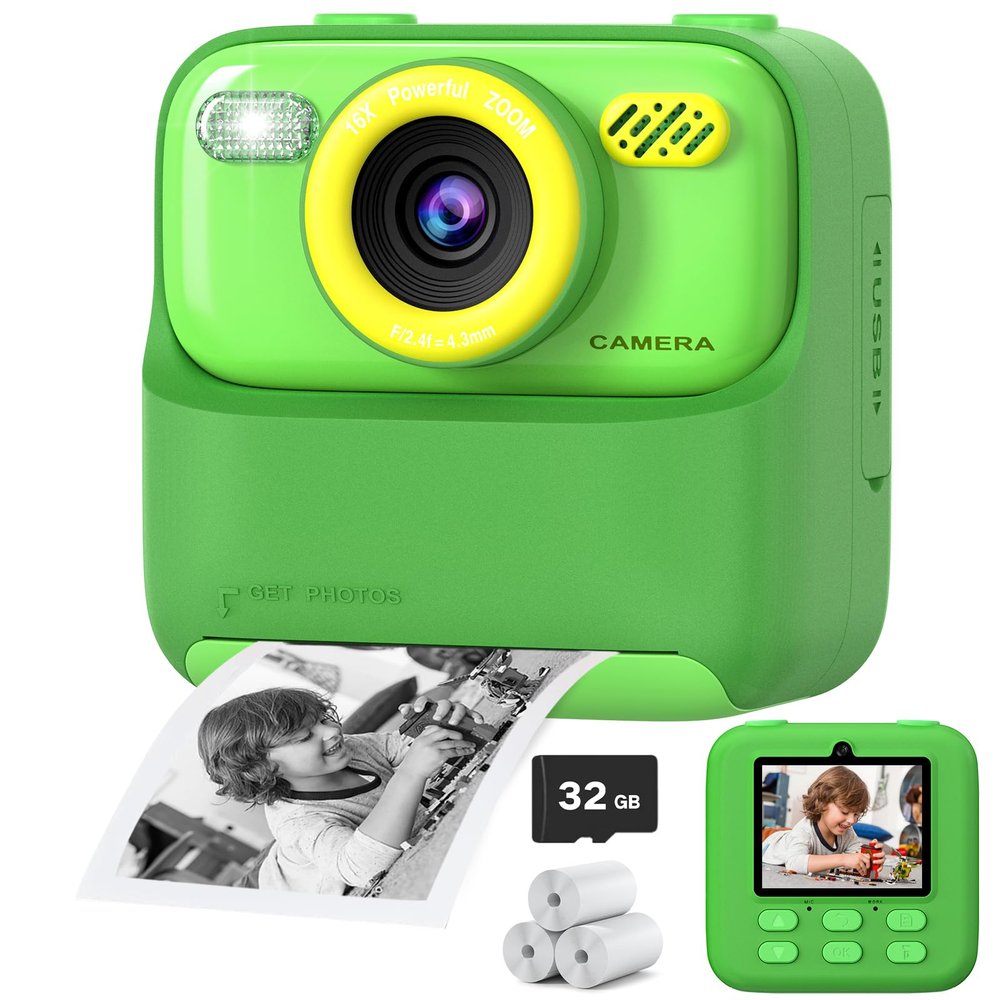 Kids Instant Digital Cameras for Boys and Girls, 1080P HD Dual-Lens Selfie Digital Camera with Print Paper & 32G Card, Christmas Birthday Gifts Toys for Toddler and Teenagers Age 3-16 Years Old