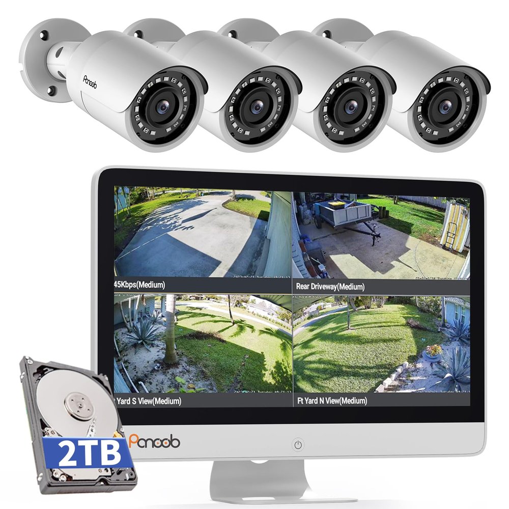 PANOOB Wired Security Camera System with Monitor Screen for Home, 8CH 8MP NVR with 2TB HDD, 4X Bullet Wired 5MP PoE IP Camera IP67 with Mic, Smart Human Detection, IR Night Vision, PB37FM04-5M