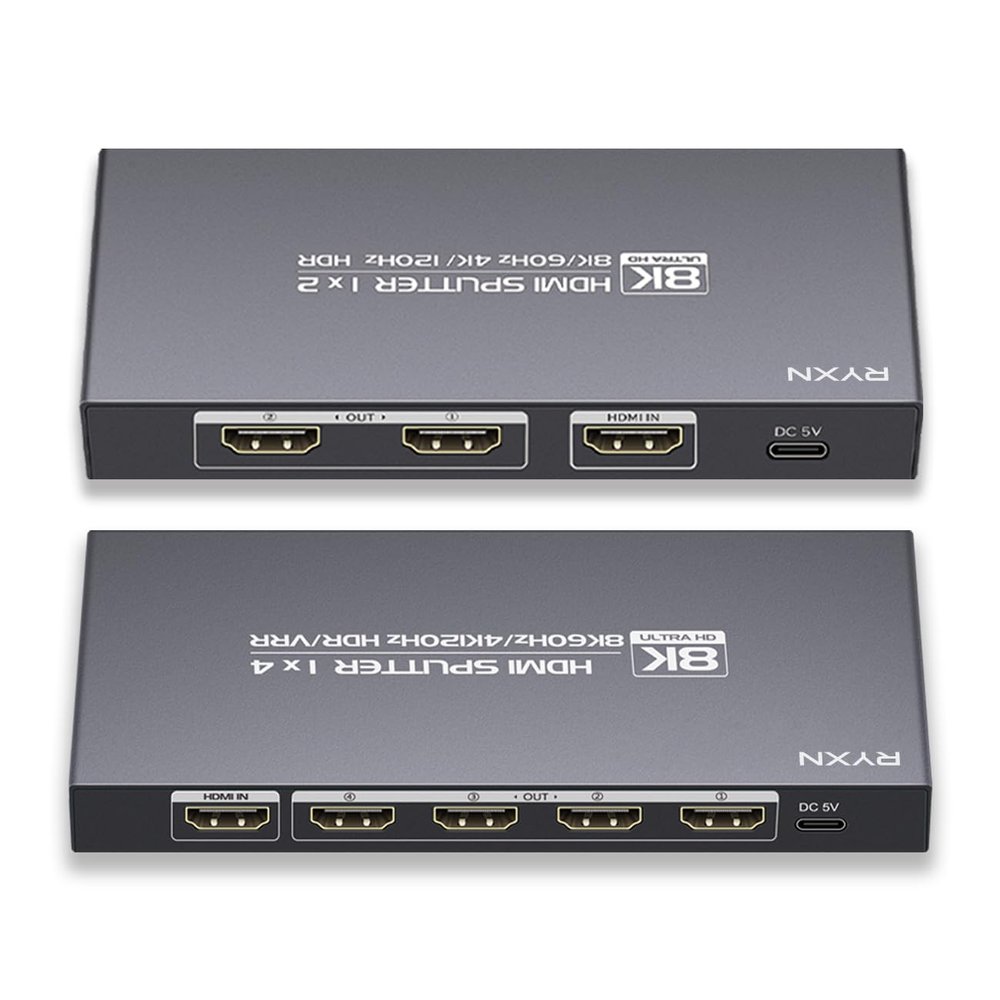 8K HDMI Splitter 1 in 2 Out + 8K HDMI Splitter 1 in 4 Out, Support 8K@60Hz, 4K@120Hz, HDMI 2.1, EDID, HDCP2.3