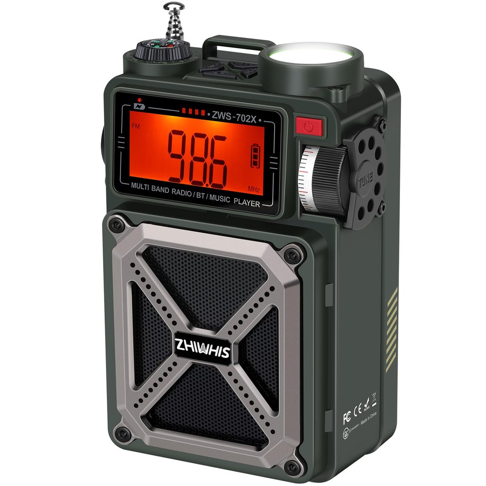 ZHIWHIS Shortwave Radio with Bluetooth, AM/FM/SW/NOAA Weather Emergency Radios, Hand Crank/Solar/4000mAh/SOS/White Noise/Bass/Flashlight/Retro Receiver with Preset, Support USB/TF ZWS-702X