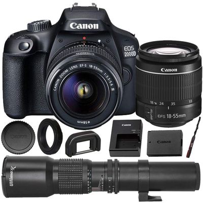 Canon EOS 2000D (Rebel T7) DSLR Camera with EF-S 18-55mm f/3.5-5.6 DC III Lens & Deluxe Accessory Bundle  Includes: 500mm Preset Telephoto Lens and More (Renewed)