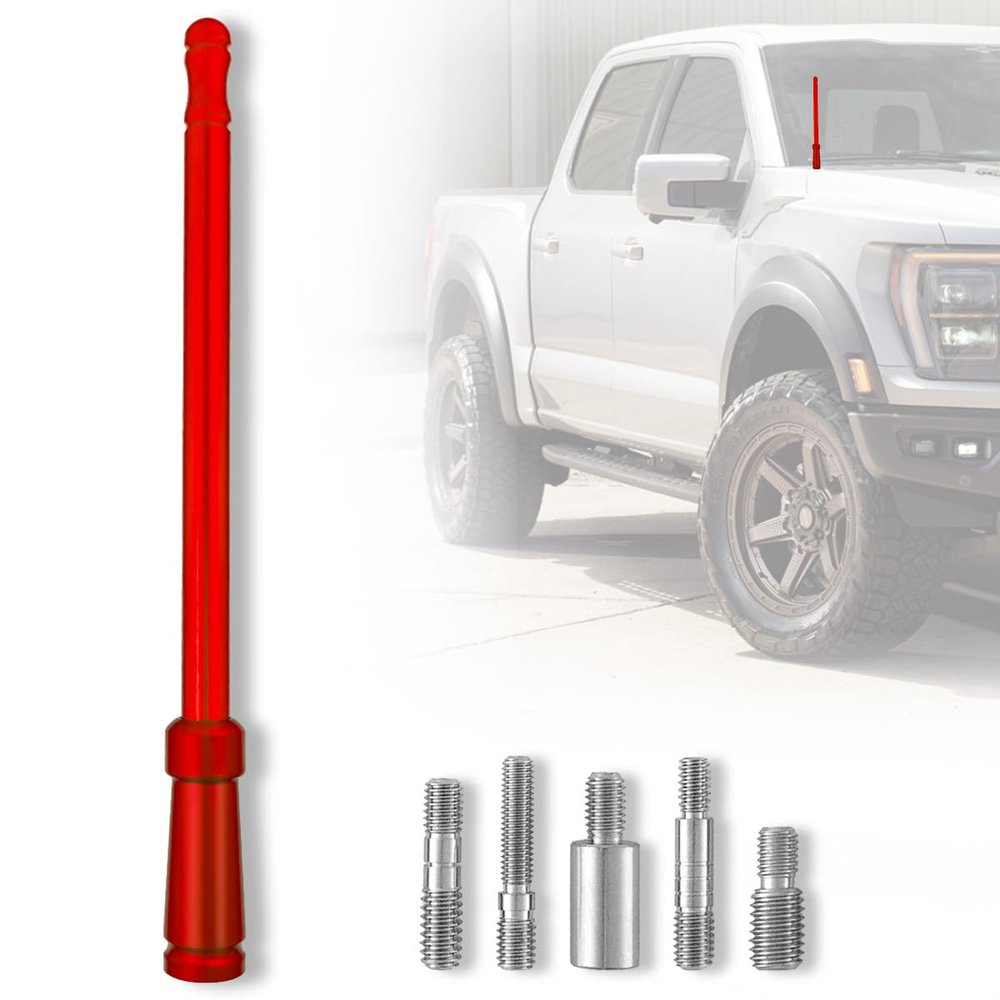 RECON Aluminum 8" Antenna Mast Style (Fits OEM Factory Threaded Antenna) Truck Antenna - Multiple Color Options (Black, Chrome, Red, White, Blue) (Red)