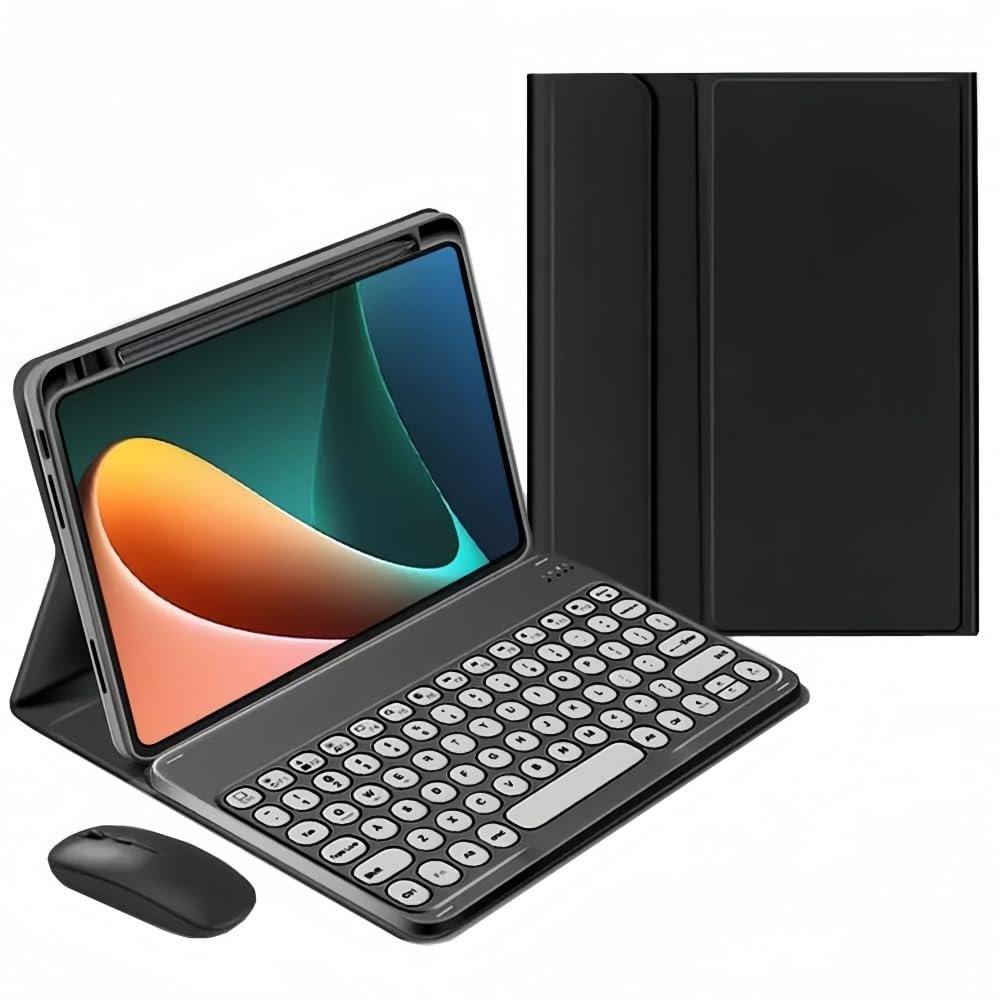 kaidisen Keyboard Case Compatible with iPad Air 11 inch M2 2024 Case with Keyboard and Bluetooth Mouse, Detachable Candy Color Keyboard Cover Round Key,Black+White