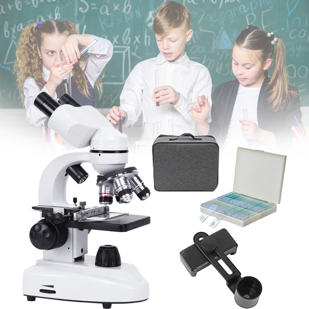HD Biological Microscope, Dual LED Illumination, Binocular Microscope with Carrying Case, with 10 Specimens, for Educational Student Science Experiment,70000X