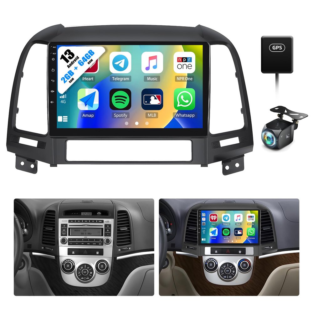 [2+64G] Android 13 Car Stereo for Hyundai Santa Fe 2006-2012 with Wireless Carplay&Android Auto,9 Inch Touch Screen Car Radio with GPS WiFi Bluetooth FM/RDS Radio HiFi SWC AUX-in+AHD Backup Camera