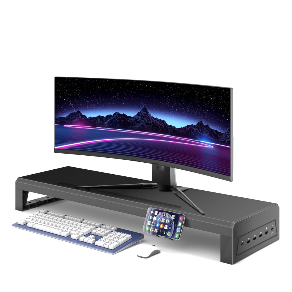 GECKOSTROLL Computer monitor stand Laptop Desk Shelf & Monitor Riser 27.55 inches,22W charging , 2 USB 3.0 , and 1 USB 2.0 Monitors/PC/Laptop/Computer Space Saver Organizer Heavy Duty Gift Gaming Studio Office (USB Hub Fast Charging Version, 700mm
