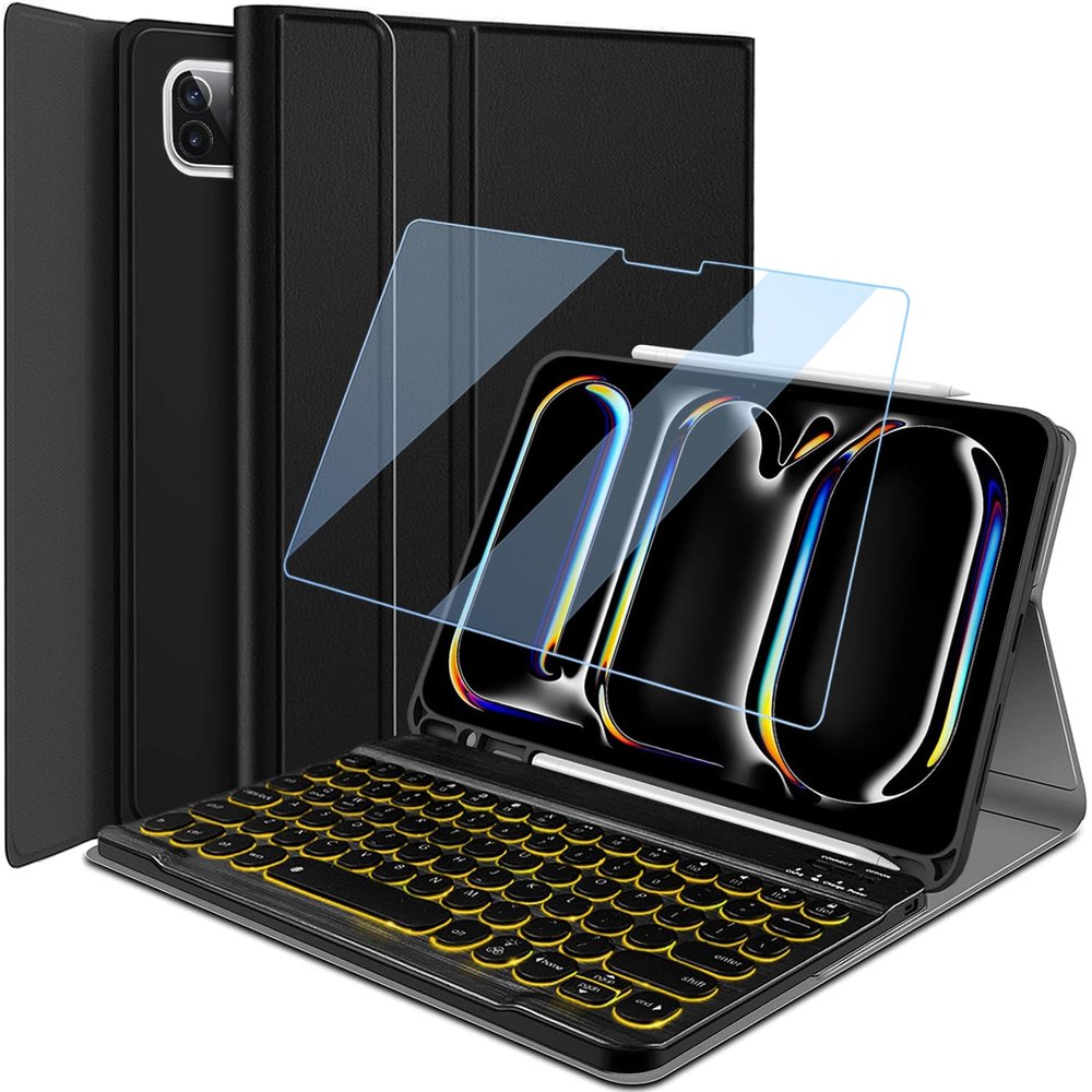 Wineecy Backlit Keyboard Case for iPad Pro 11 Inch M4 (5th Generation) 2024 Release with Screen Protector, 7 Colors Light Detachable Wireless Keyboard & PU Folio Cover Case 11" iPad Pro 2024 (Black)