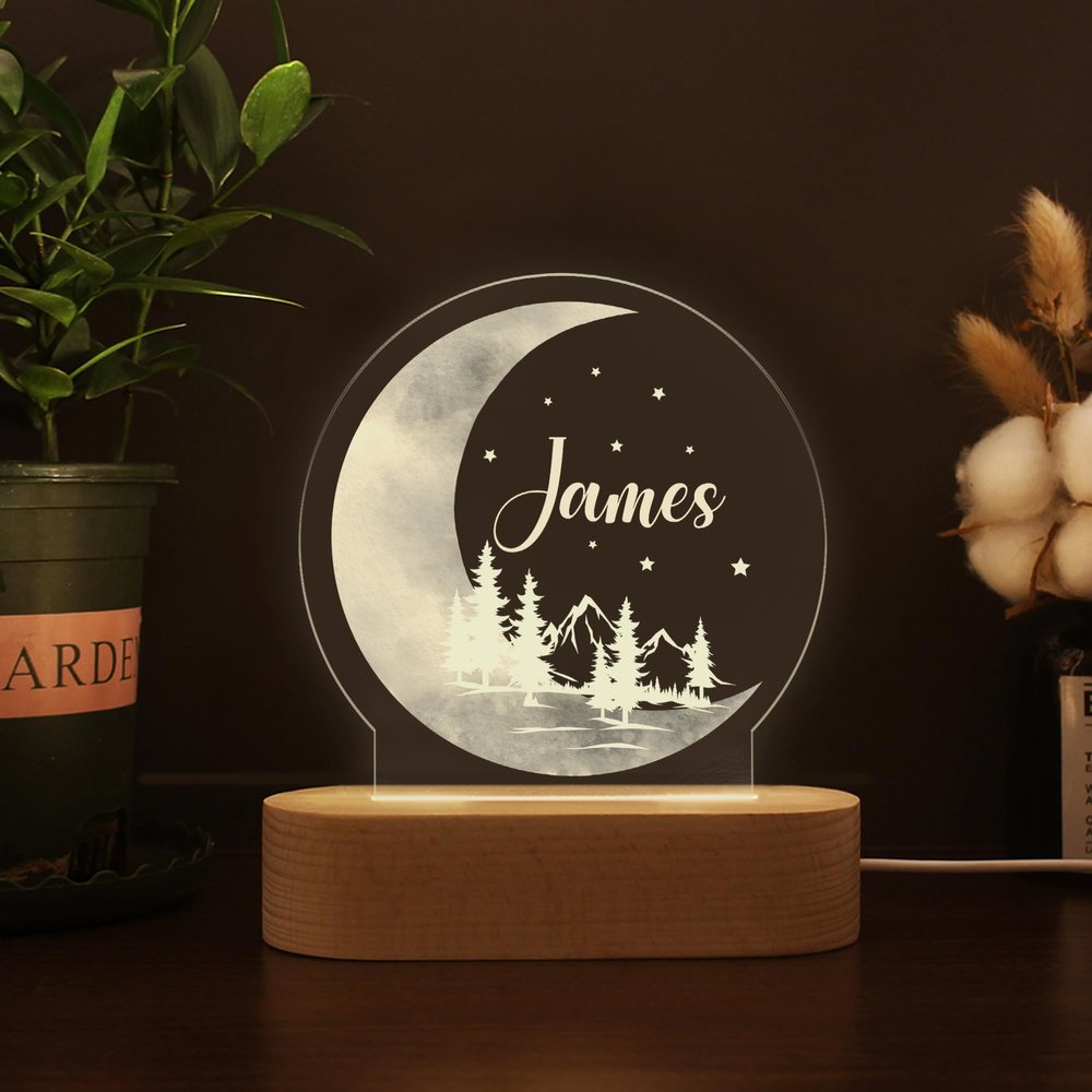 Personalized Night Light for Kids, Baby Night Light Personalized, Custom Baby Night Lights for Nursery, Custom Led Light Wooden Base, Bedroom Bedside Light, Nursery Night Light (Moon Forest)