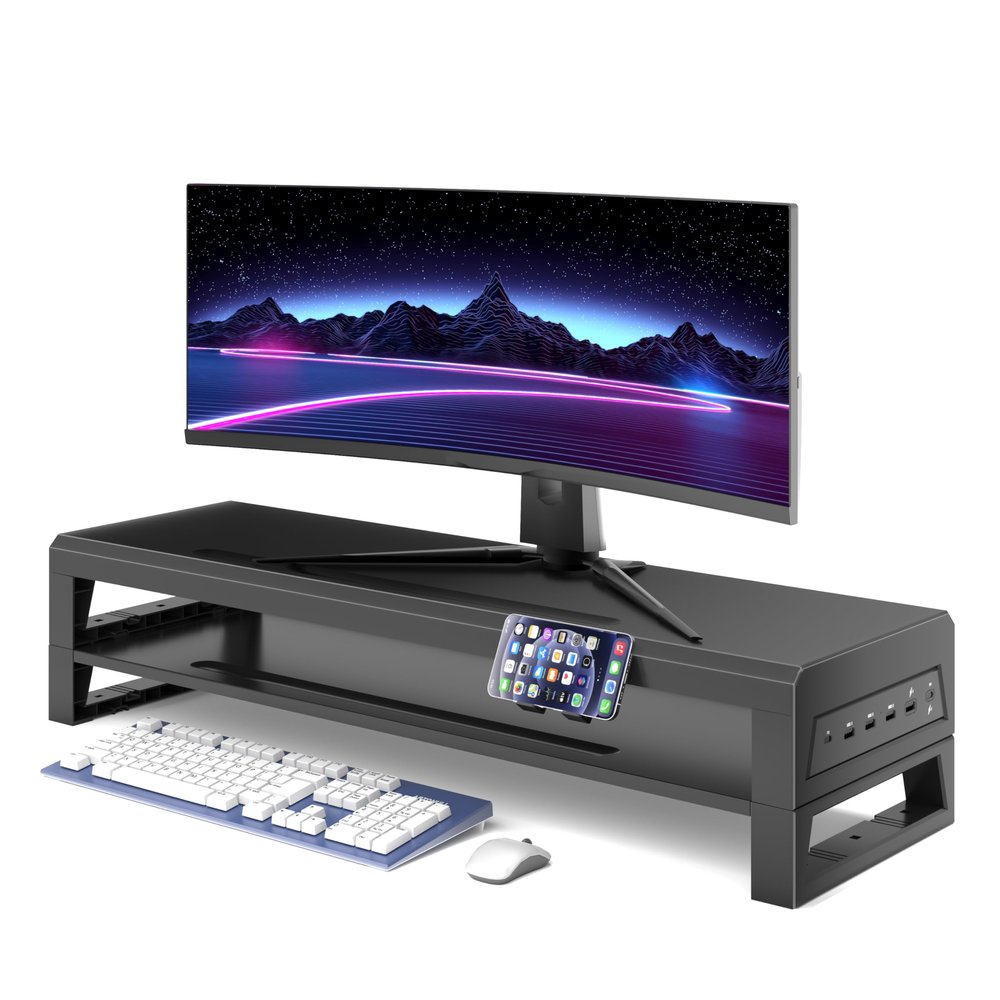 GECKOSTROLL 2-Tier Metal Computer monitor stand Laptop Desk Shelf & Monitor Riser 27.55 inches long desk riser ,22W charging power, 2 USB 3.0 ports, and 1 USB 2.0 port Monitors/PC/Laptop/Computer Space Saver Organizer(USB Hub Fast Charging Version,