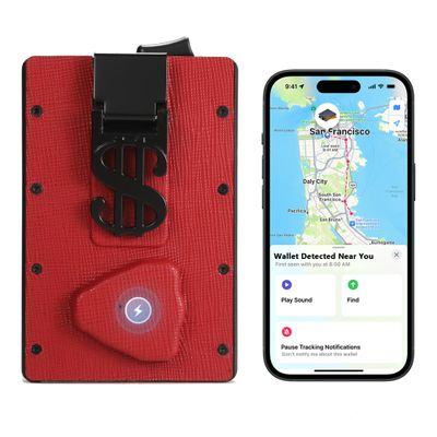 Bluetooth Anti-Lost with Wallet Tracker Works for Find My(iOS)- Anti-Lost [Left Behind Reminder ] Slim Pop Up Card Case in Leather Money Clip (Red)