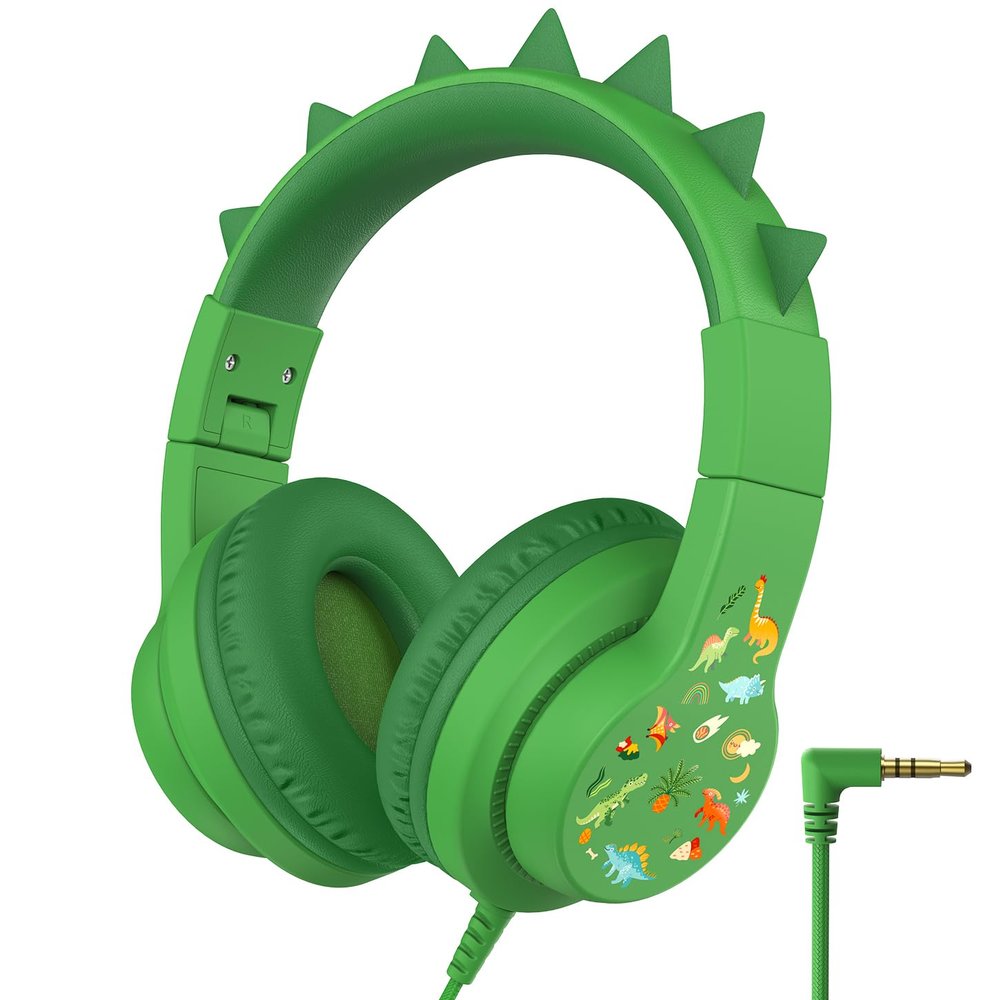 iClever Kids Headphones for School Travel, Safe Volume 85dBA, Stereo Sound Over-Ear for Kid, Foldable 3.5mm Wired Dinosaur Headphones for iPad Computer, HS19S
