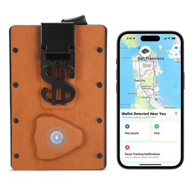 Bluetooth Anti-Lost with Wallet Tracker Works for Find My(iOS)- Anti-Lost [Left Behind Reminder ] Slim Pop Up Card Case in Leather Money Clip (Light Brown)