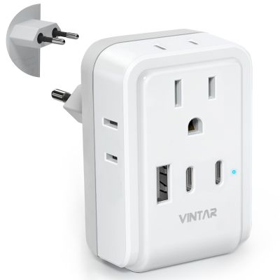 1 Pack European Travel Plug Adapter, VINTAR Europe Adaptor with 4 AC Outlets 3 USB Ports(2 USB C), Type C International Power Adapter for US to Most of Europe EU Italy Spain France Germany Iceland